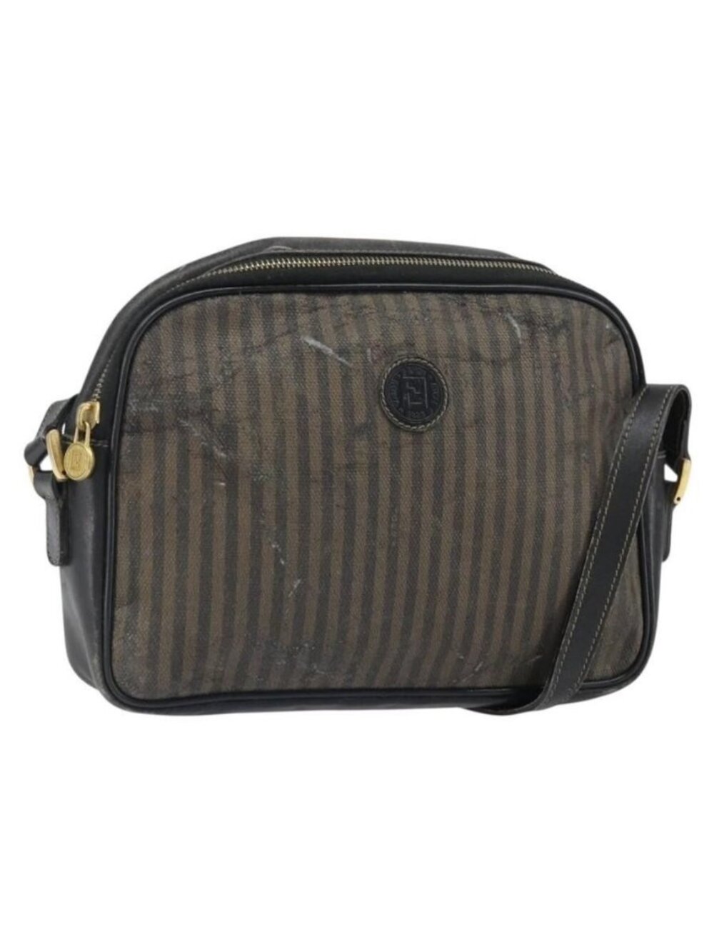Authentic FENDI Pecan Canvas Shoulder Bag Coated Canvas Black Brown gold